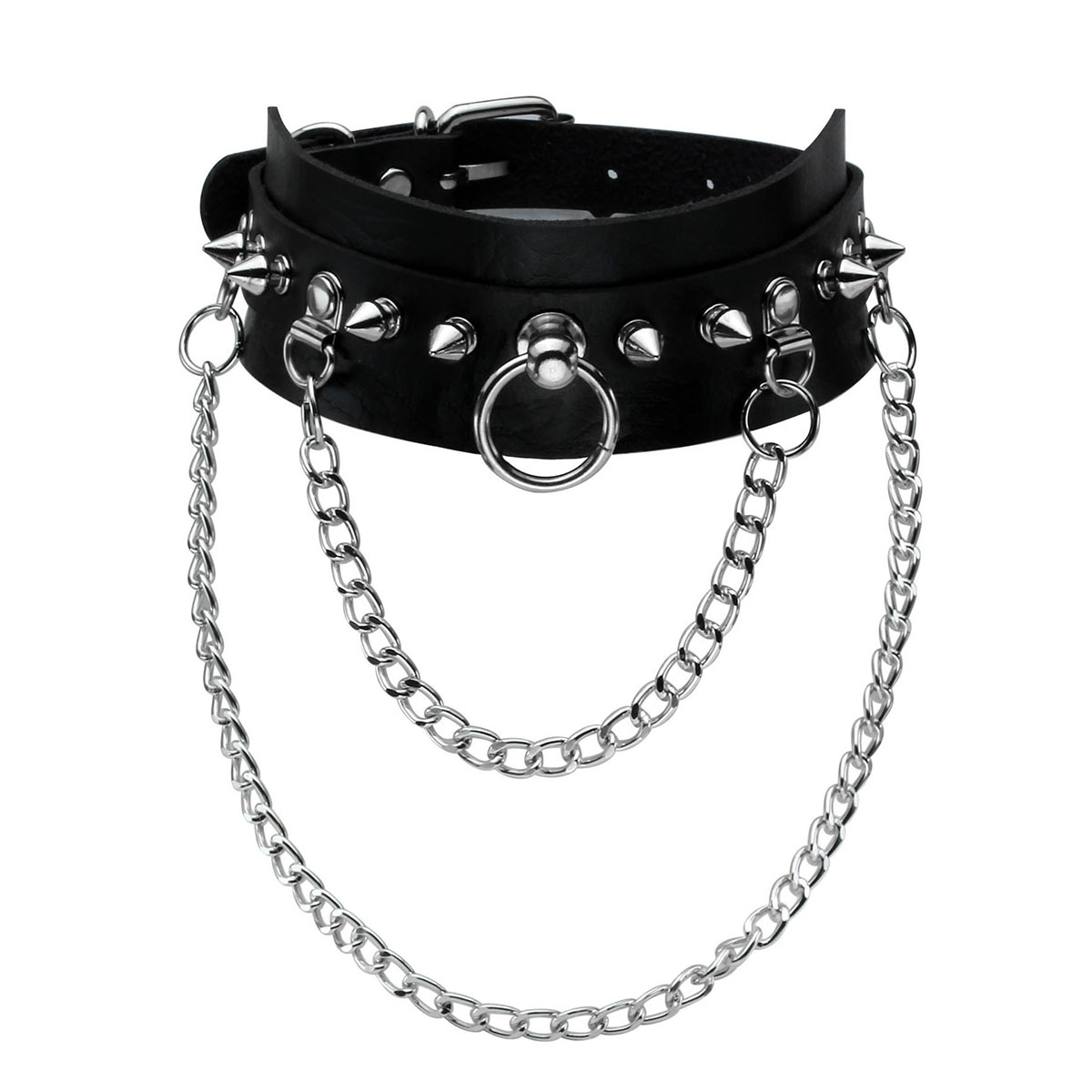 Punk gothic faux leather collar O-ring choker necklace with chains
