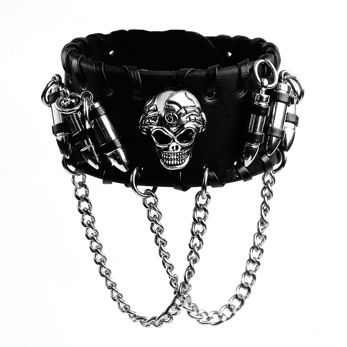 Stylish punk bracelet skeleton faux leather adjustable buckle wristband with chains 