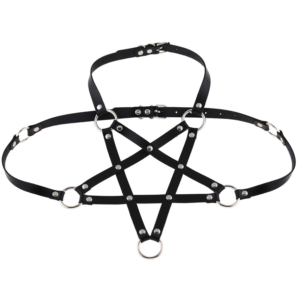 Punk gothic faux leather chest harness pentagram body caged bra cospaly nightclub accessory for woman and girls