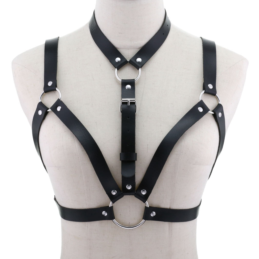 Woman punk gothic faux leather chest harness O-ring adjustable body waist belt caged bra for music festival cospaly nightclub