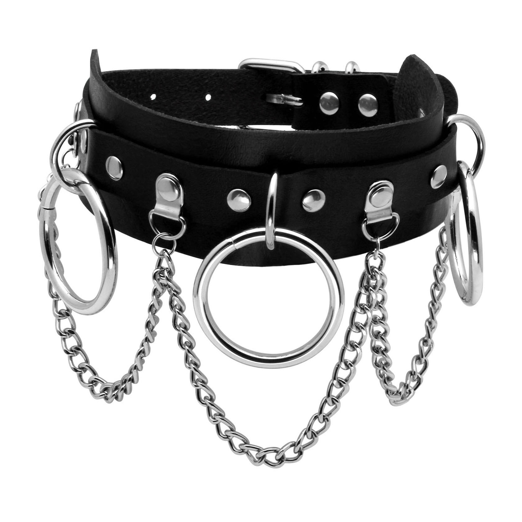 Women girls faux leather choker necklaces punk rock alloy rivet collar with chains