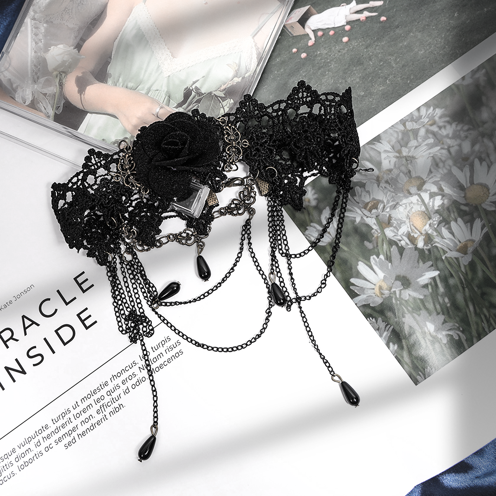 Duskfactor Elegant black sexy gothic tassel choker necklace adjustable lace collar 
