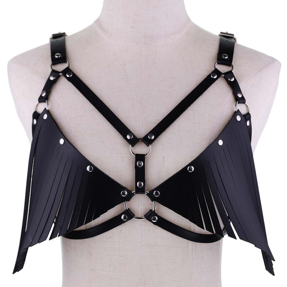  Punk style faux leather body chest harness adjustable tassel halter caged bra waist belt for woman and girls