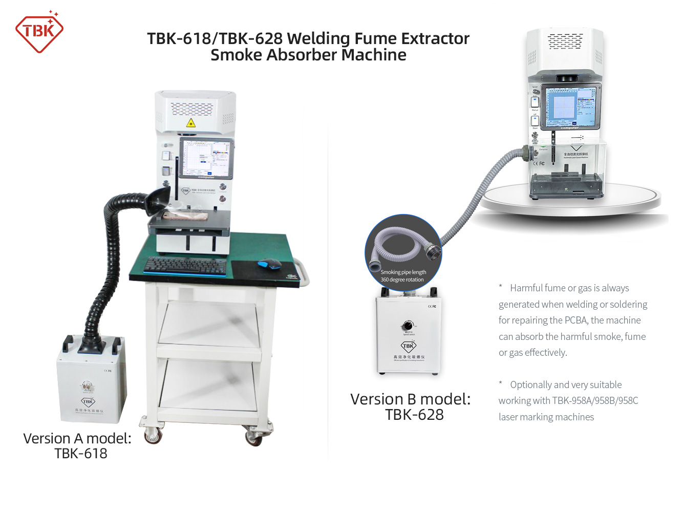 TBK-618/TBK-628 Welding Fume Extractor Smoke Absorber Machine Optional with Suction Box