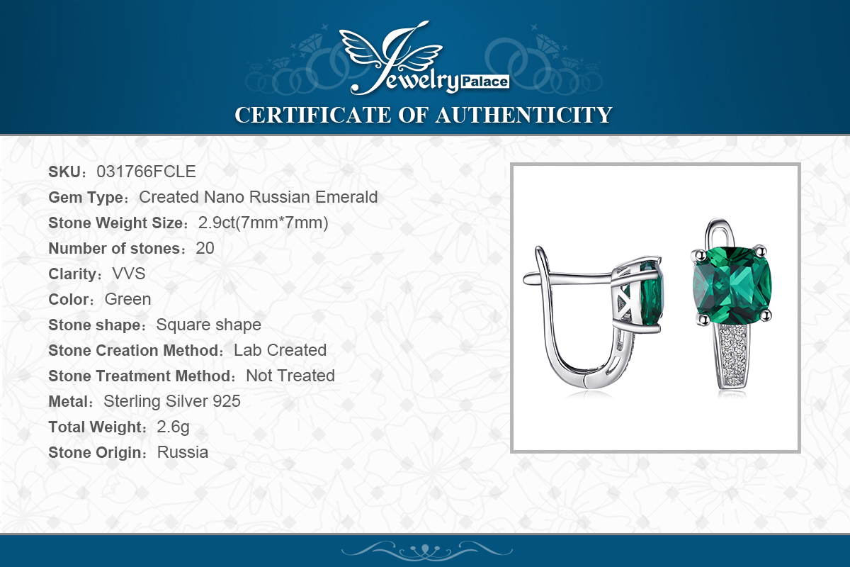 JewelryPalace Cushion Cut 3.1ct Nano Russian Simulated Emerald Clip On Hoop Earrings 925 Sterling Silver