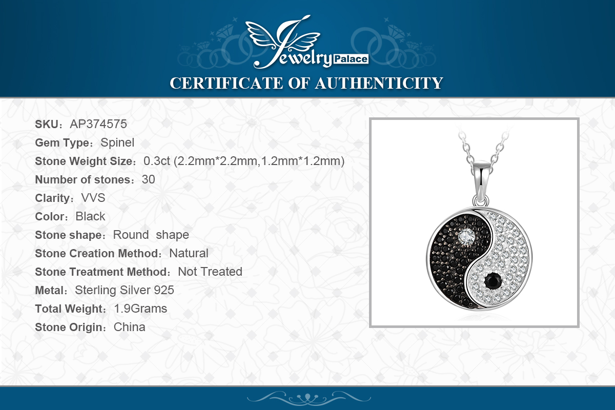 Black Spinel Cubic Zirconia Taiji Yin Yang Pendant Necklace Sterling Silver JewelryPalace