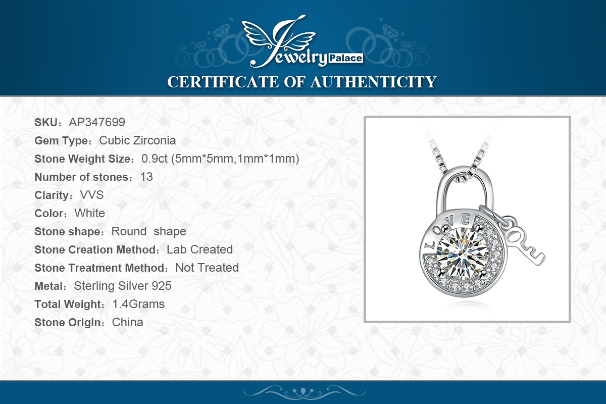 JewelryPalace Round Cubic Zirconia Etched Love Padlock Key Pendant Necklace 925 Sterling Silver