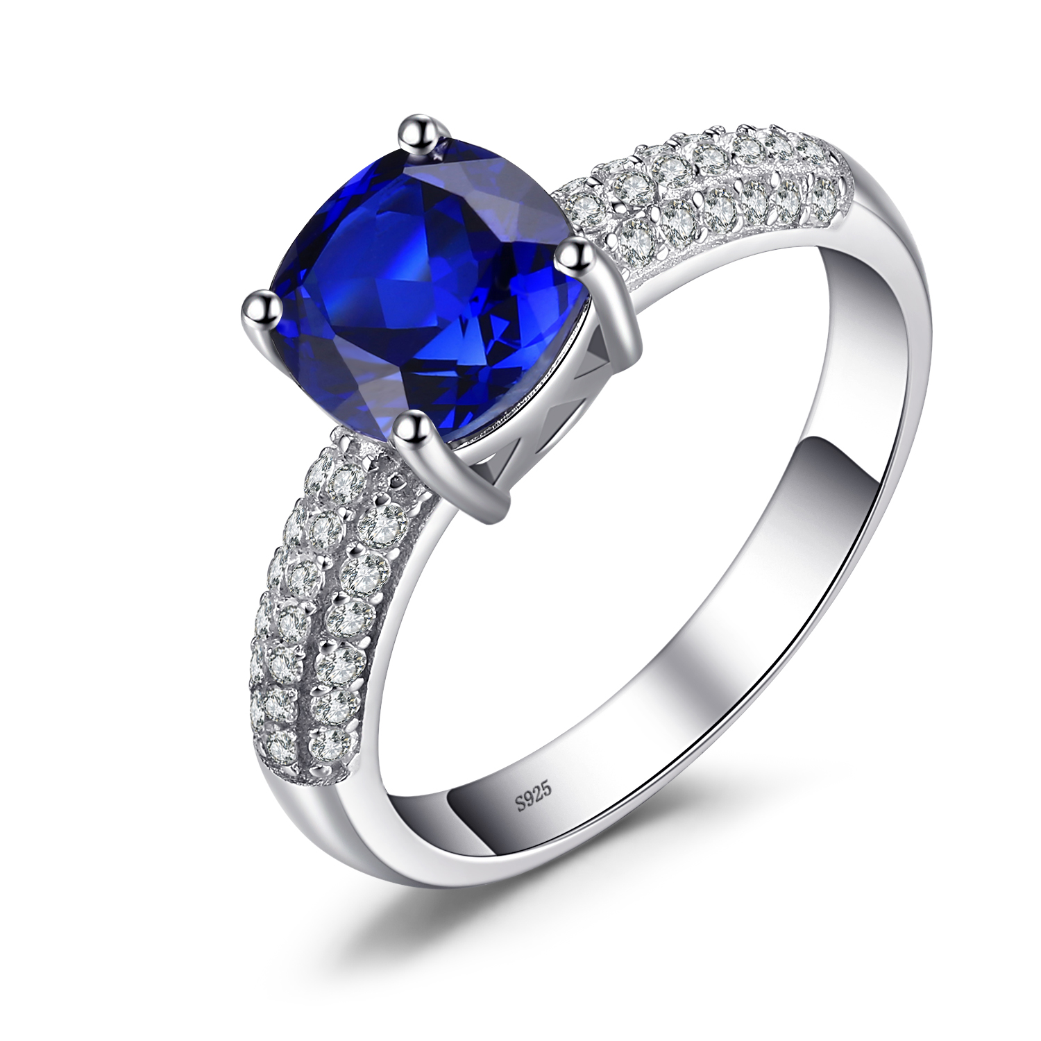 JewelryPalace Cushion 2.6ct Created Blue Sapphire Solitaire Engagement Ring 925 Sterling Silver