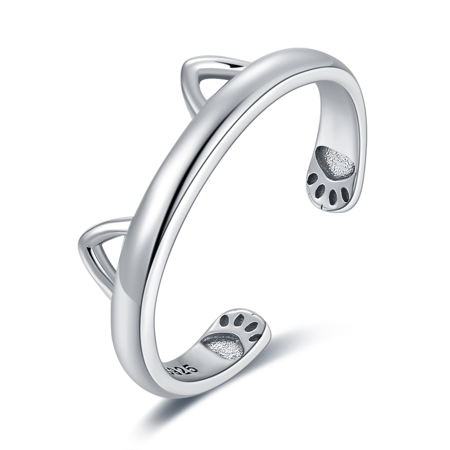 Paws and Ears Cat open Cuff Ring Sterling Silver JewelryPalace