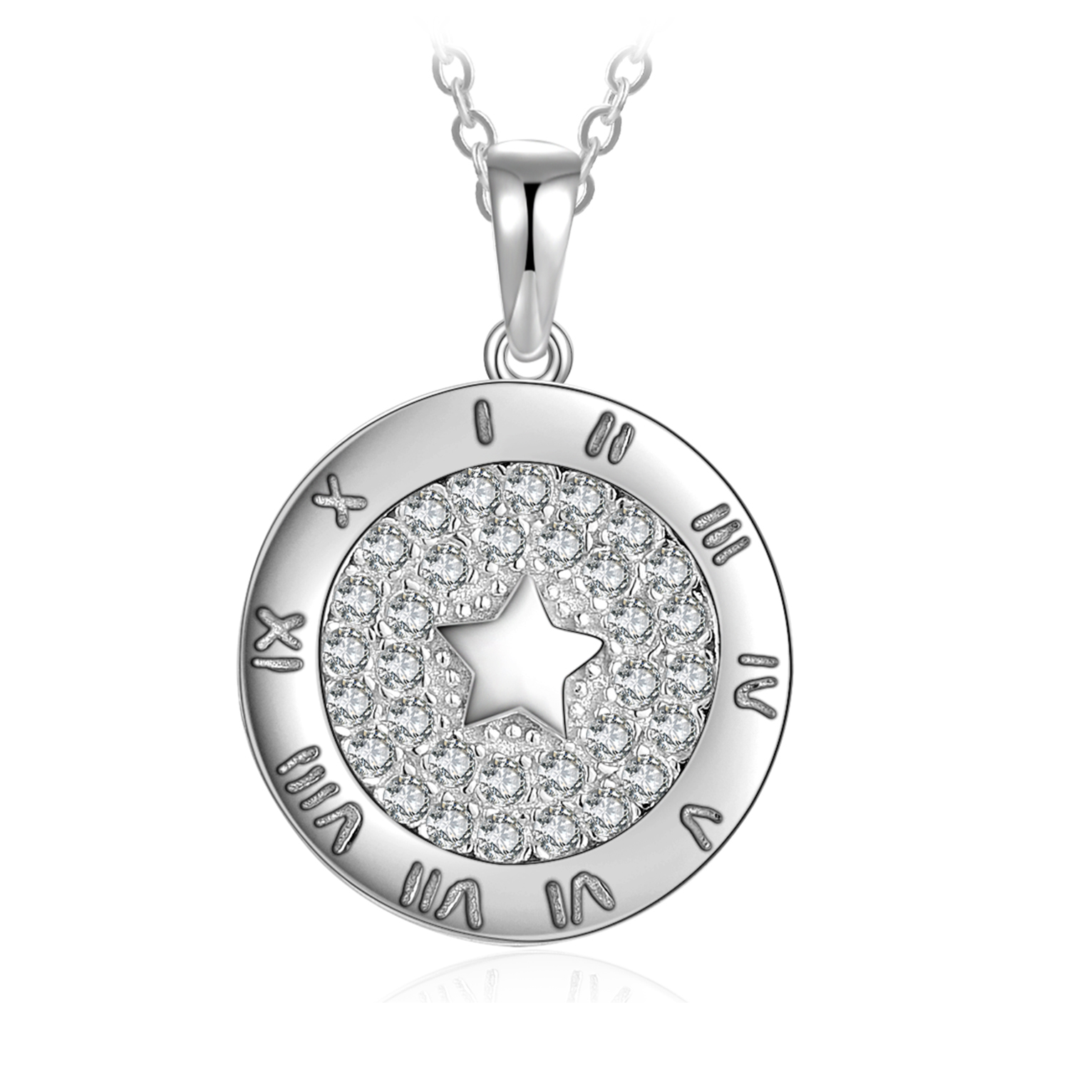 Cubic Zirconia Star Circular Etched Roman Numeral Necklace Sterling Silver JewelryPalace