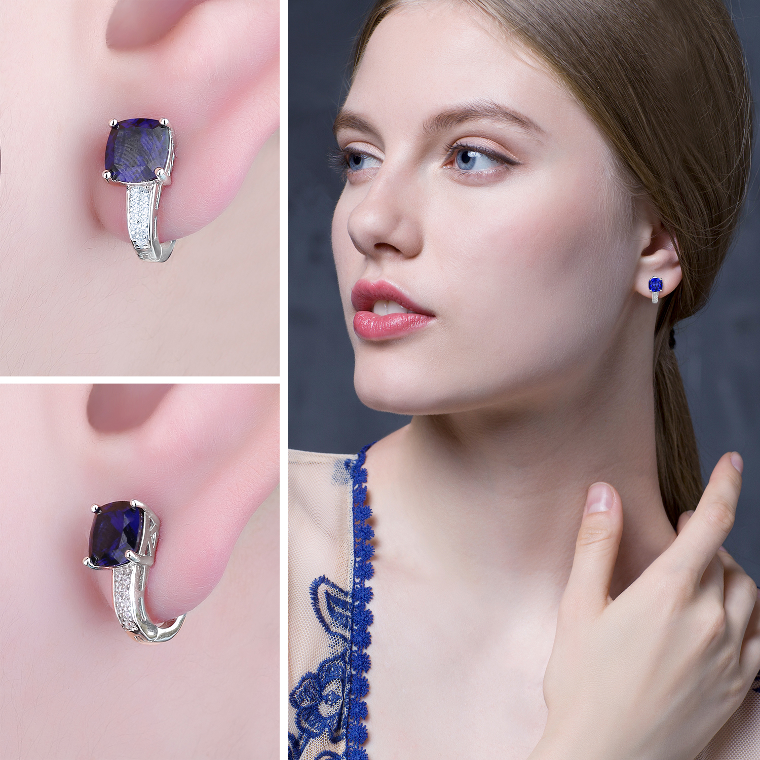 JewelryPalace Cushion 4.6ct Created Blue Sapphire Clip On Hoop Earrings 925 Sterling Silver