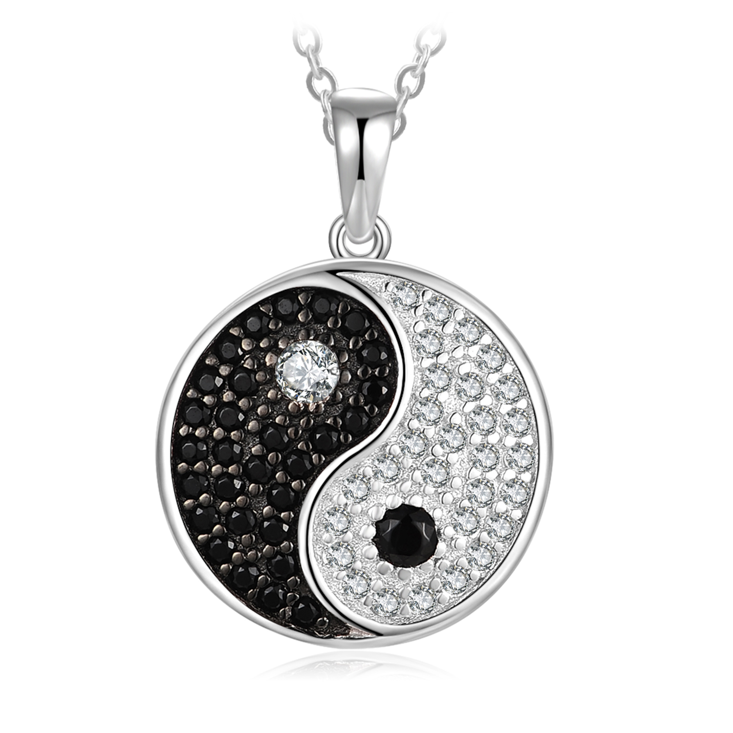 Black Spinel Cubic Zirconia Taiji Yin Yang Pendant Necklace Sterling Silver JewelryPalace