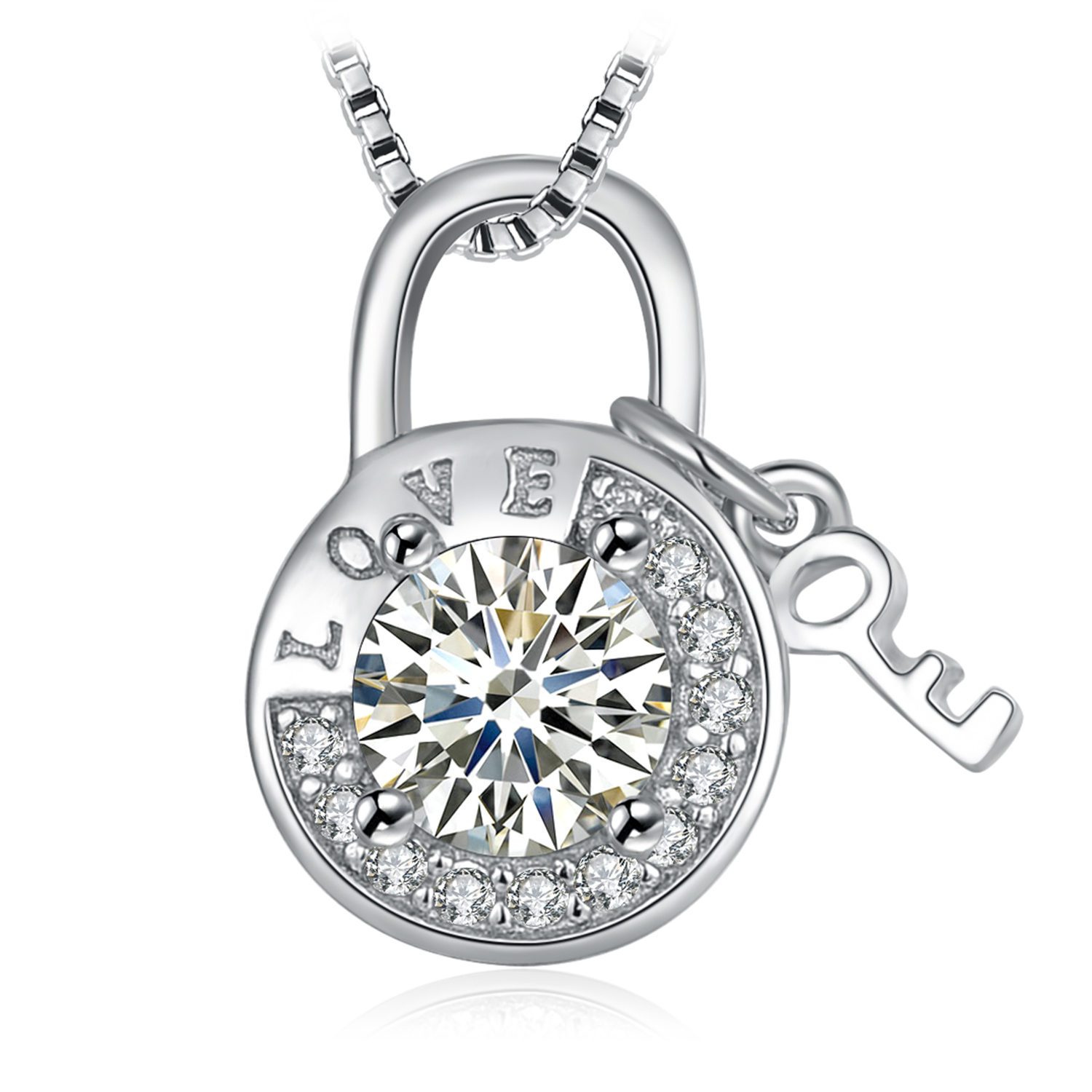 JewelryPalace Round Cubic Zirconia Etched Love Padlock Key Pendant Necklace 925 Sterling Silver
