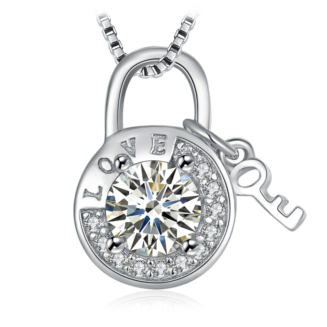 JewelryPalace Round Cubic Zirconia Etched Love Padlock Key Pendant Nec