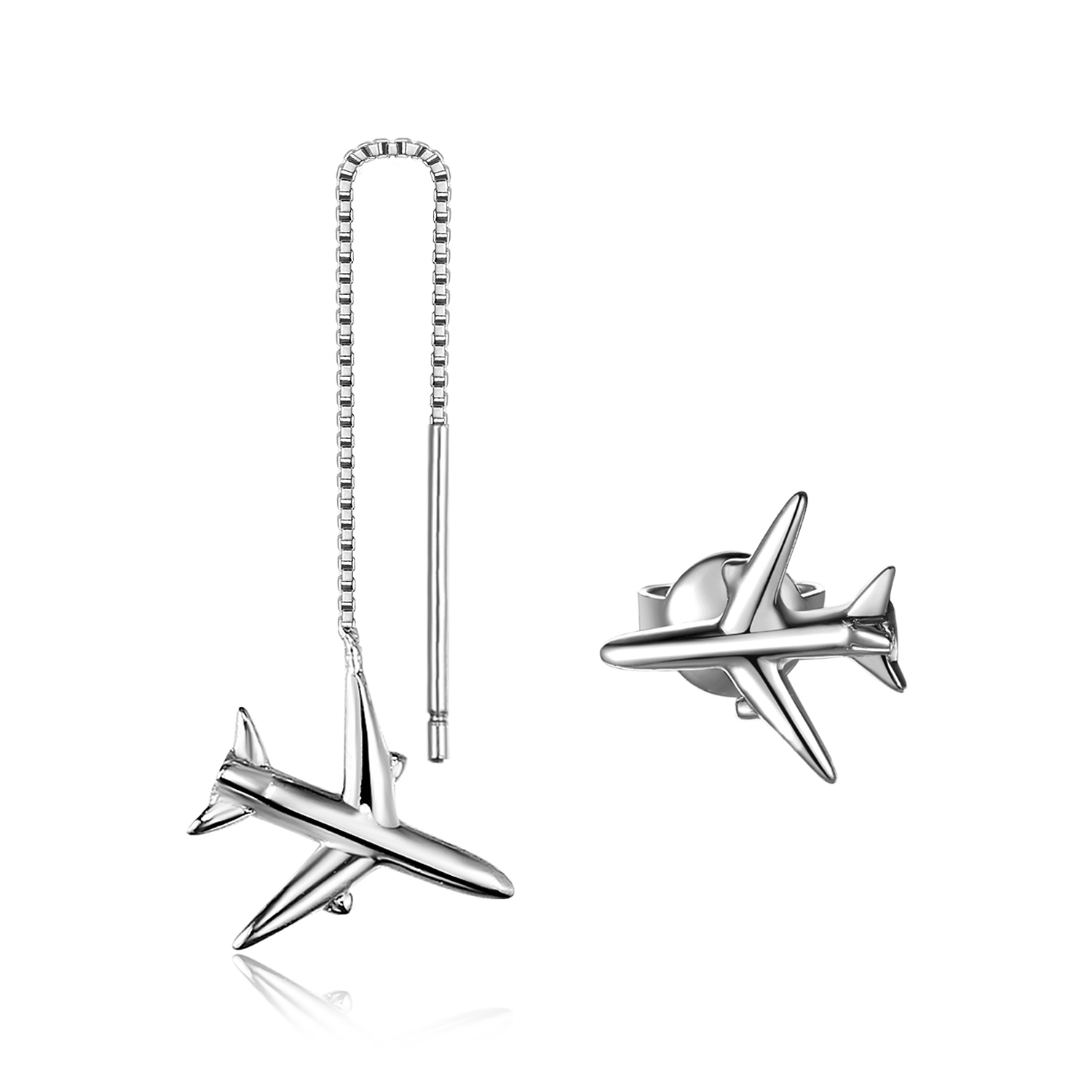 Asymmetric Airplane Thread Stud Earrings 925 Sterling Silver JewelryPalace