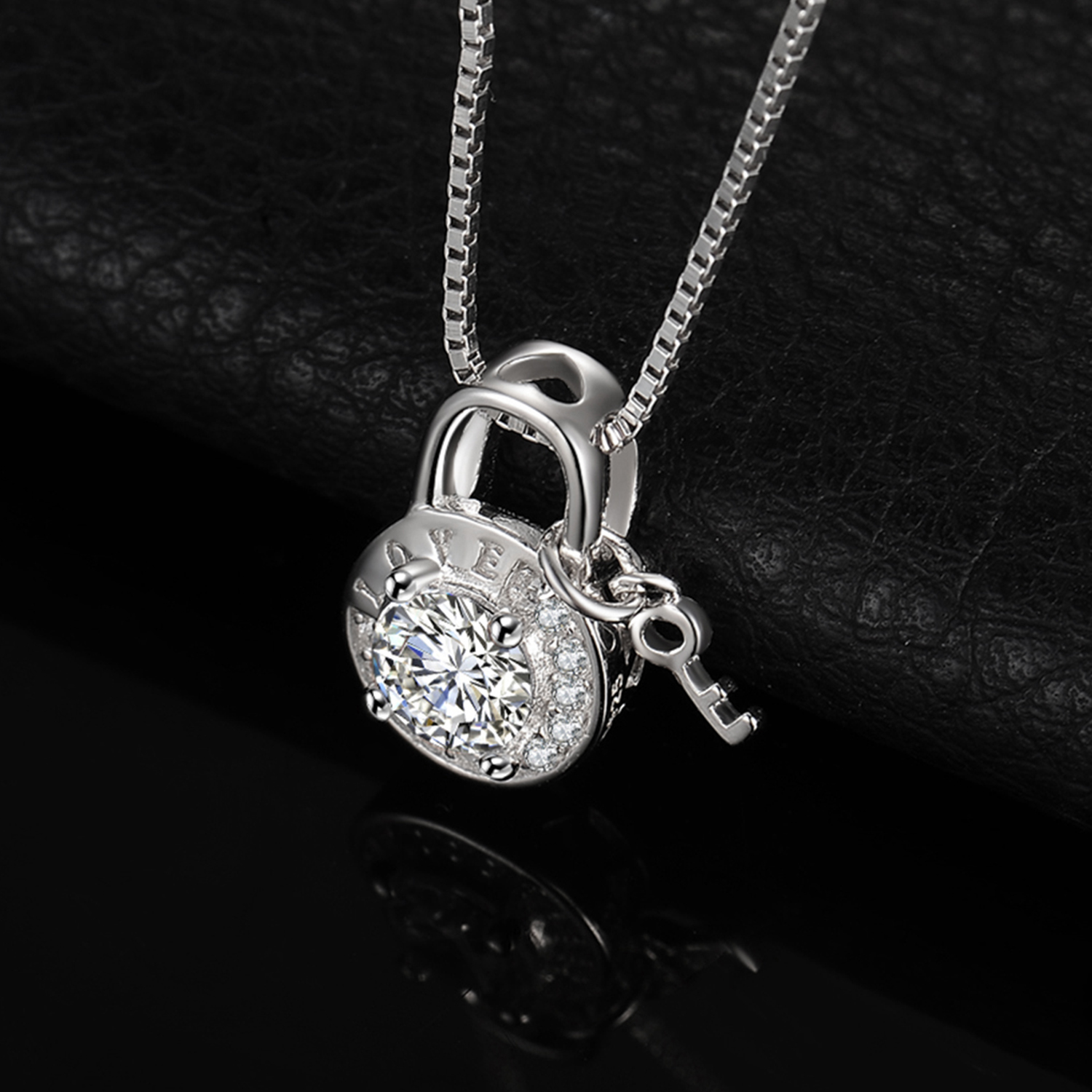 JewelryPalace Round Cubic Zirconia Etched Love Padlock Key Pendant Necklace 925 Sterling Silver