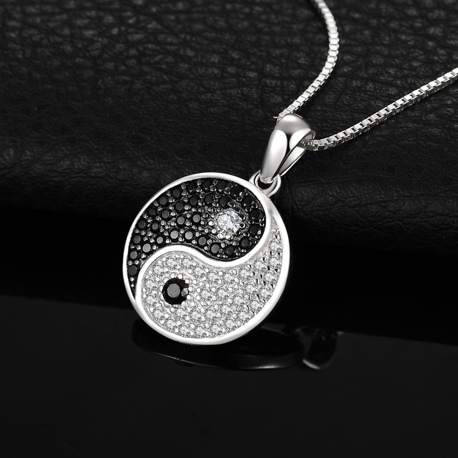 Black Spinel Cubic Zirconia Taiji Yin Yang Pendant Necklace Sterling Silver JewelryPalace