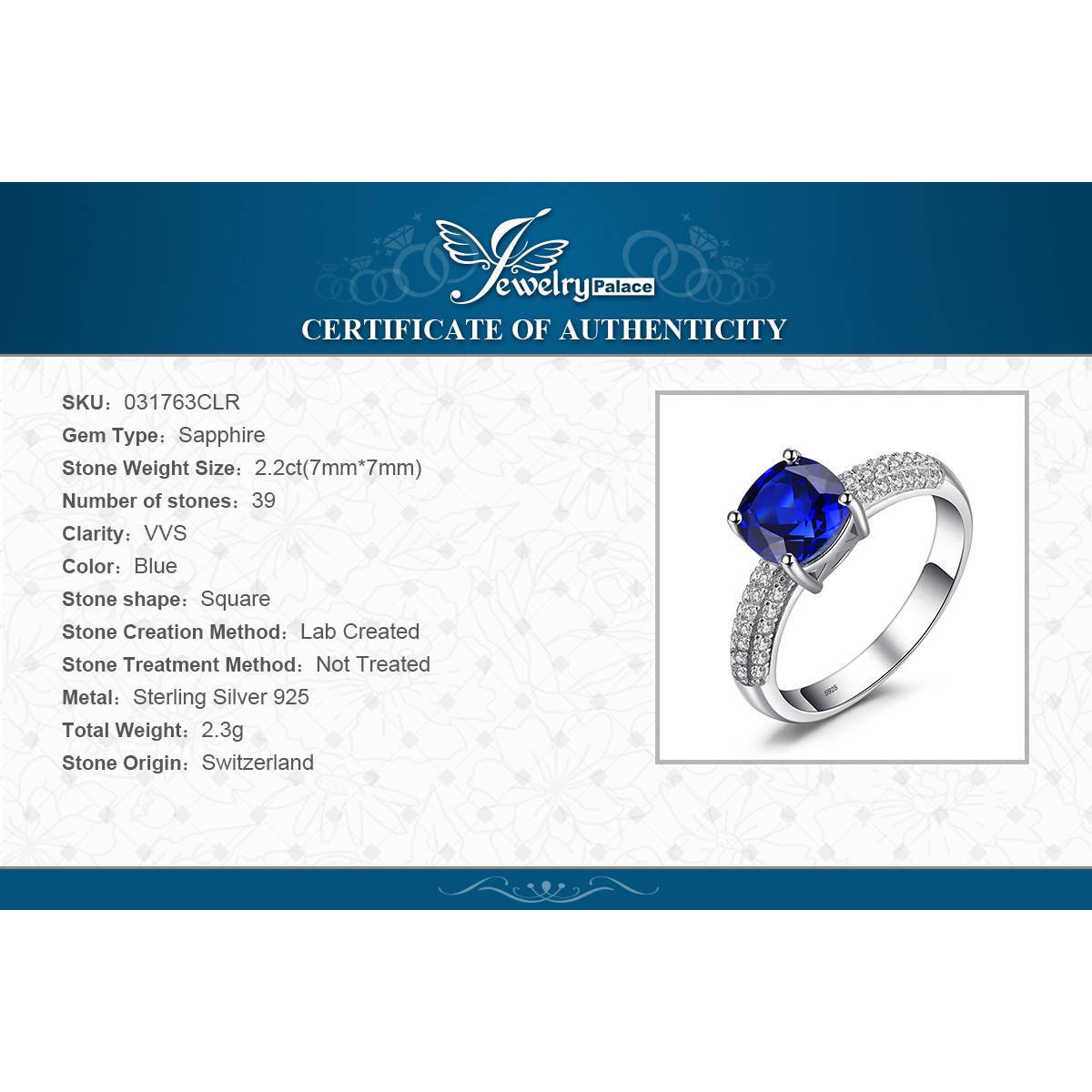 JewelryPalace Cushion 2.6ct Created Blue Sapphire Solitaire Engagement Ring 925 Sterling Silver