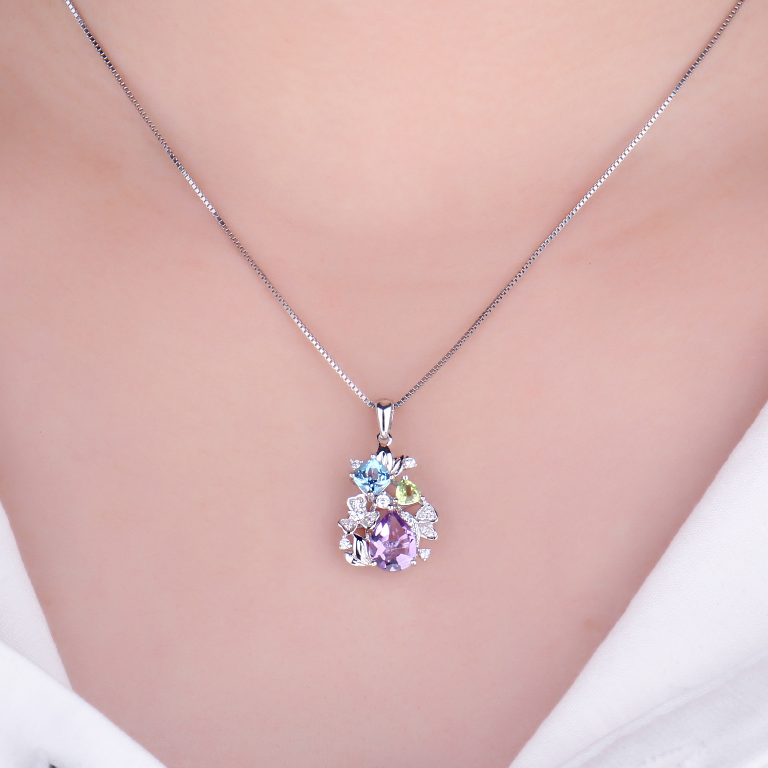 Amethyst Topaz Peridot  Cubic Zirconia Chain Necklace Sterling Silver JewelryPalace
