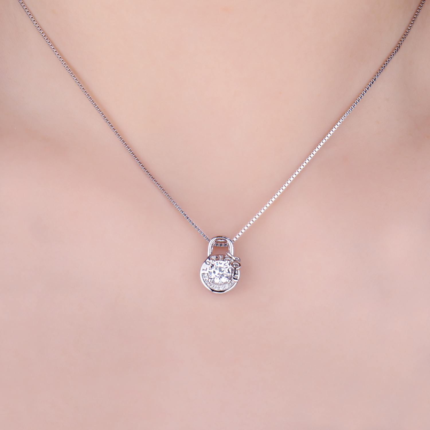 JewelryPalace Round Cubic Zirconia Etched Love Padlock Key Pendant Necklace 925 Sterling Silver