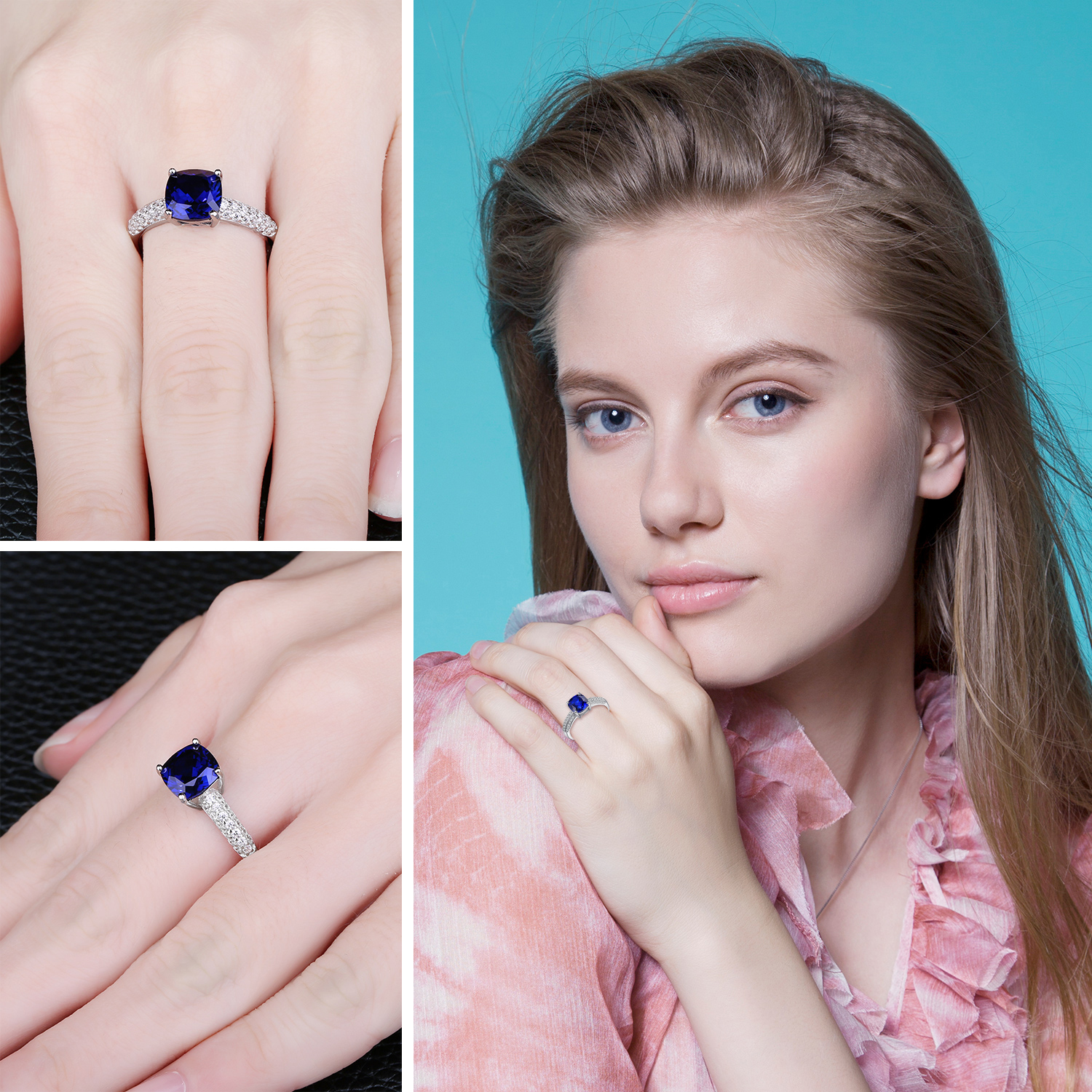 JewelryPalace Cushion 2.6ct Created Blue Sapphire Solitaire Engagement Ring 925 Sterling Silver