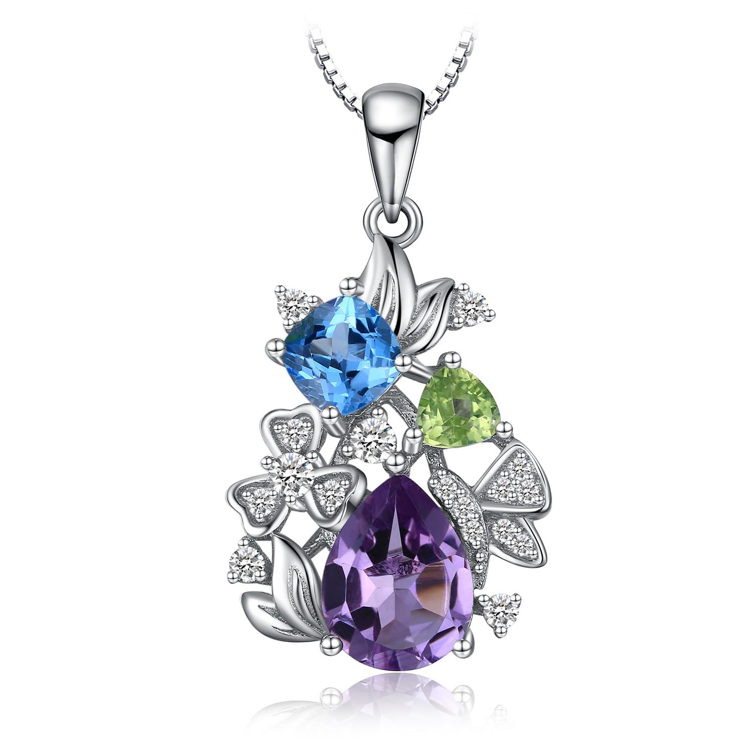 Amethyst Topaz Peridot  Cubic Zirconia Chain Necklace Sterling Silver JewelryPalace