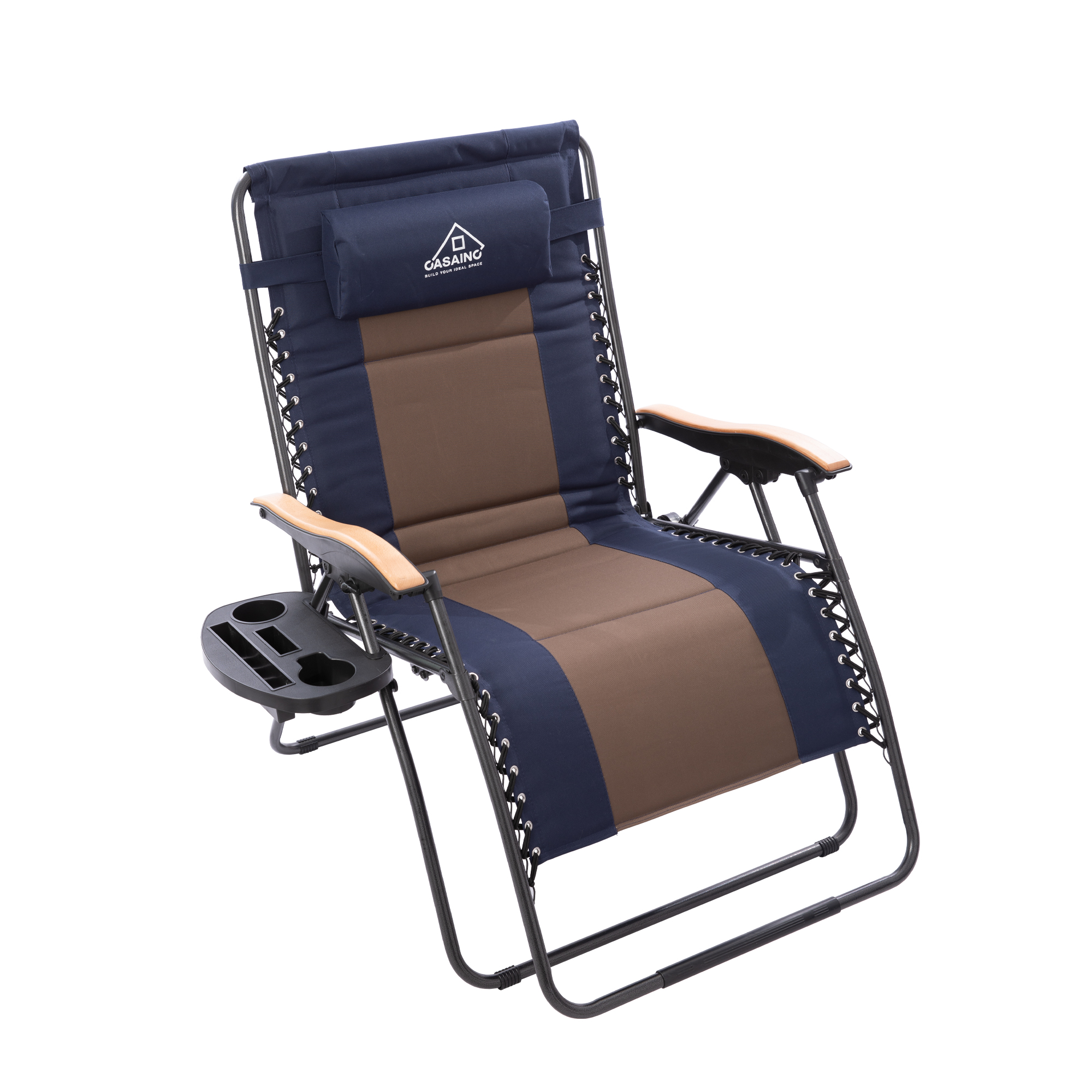 Casainc Oversized Zero Gravity Chair Wood Armrest Padded XXL Folding Patio Lounge Adjustable Recliner with Cup Holder & Side Table, 400lbs Weight Capacity, Blue&Brown-CASAINC