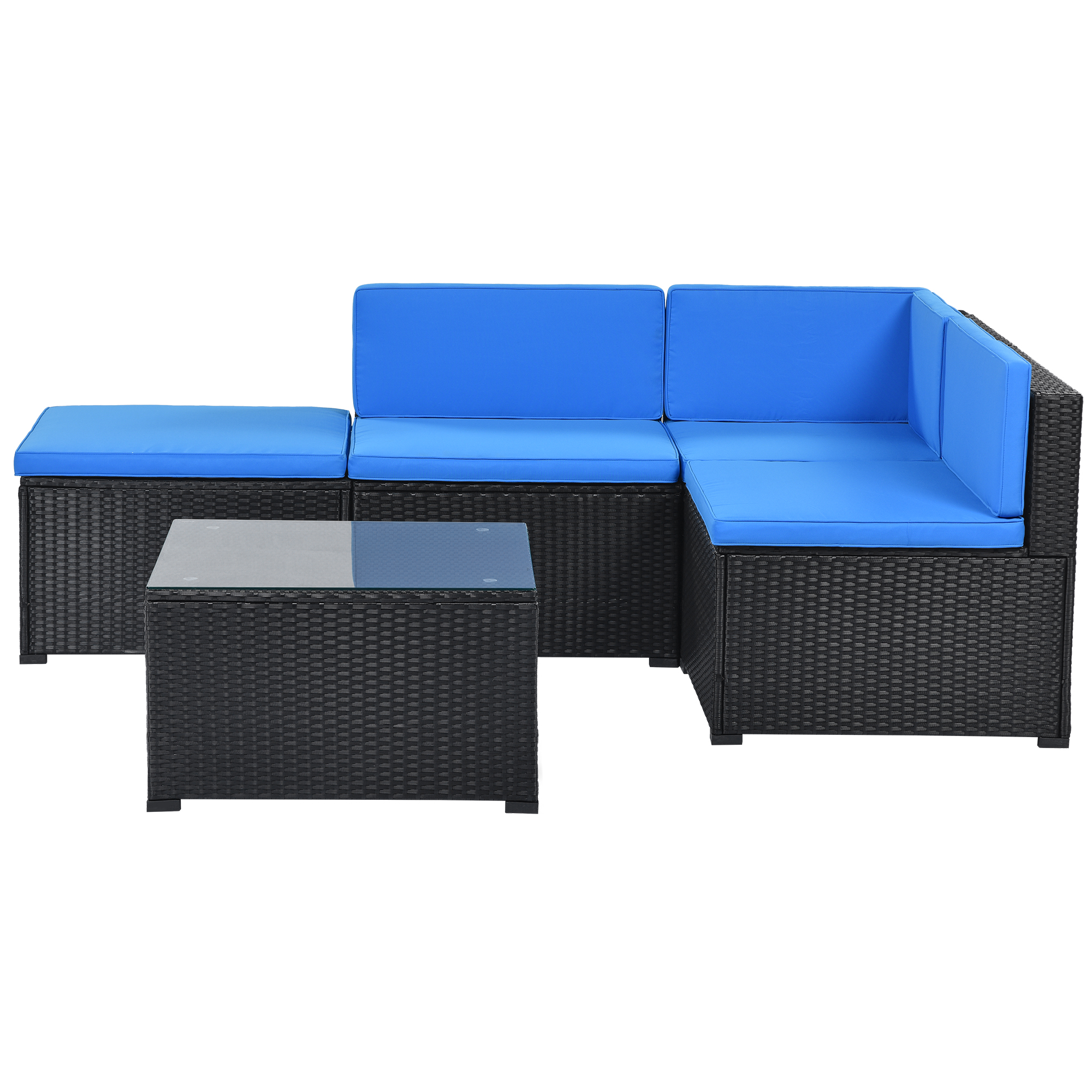 Casainc 5-Piece Patio Rattan PE Wicker Furniture Corner Sofa Set, with 2 Sofa chairs, 1 Corner chair, 1 ottoman and 1 glass coffee table, Sectional Sofa Chair, Seating, Lying(Black Wicker, Blue Cushion)-CASAINC