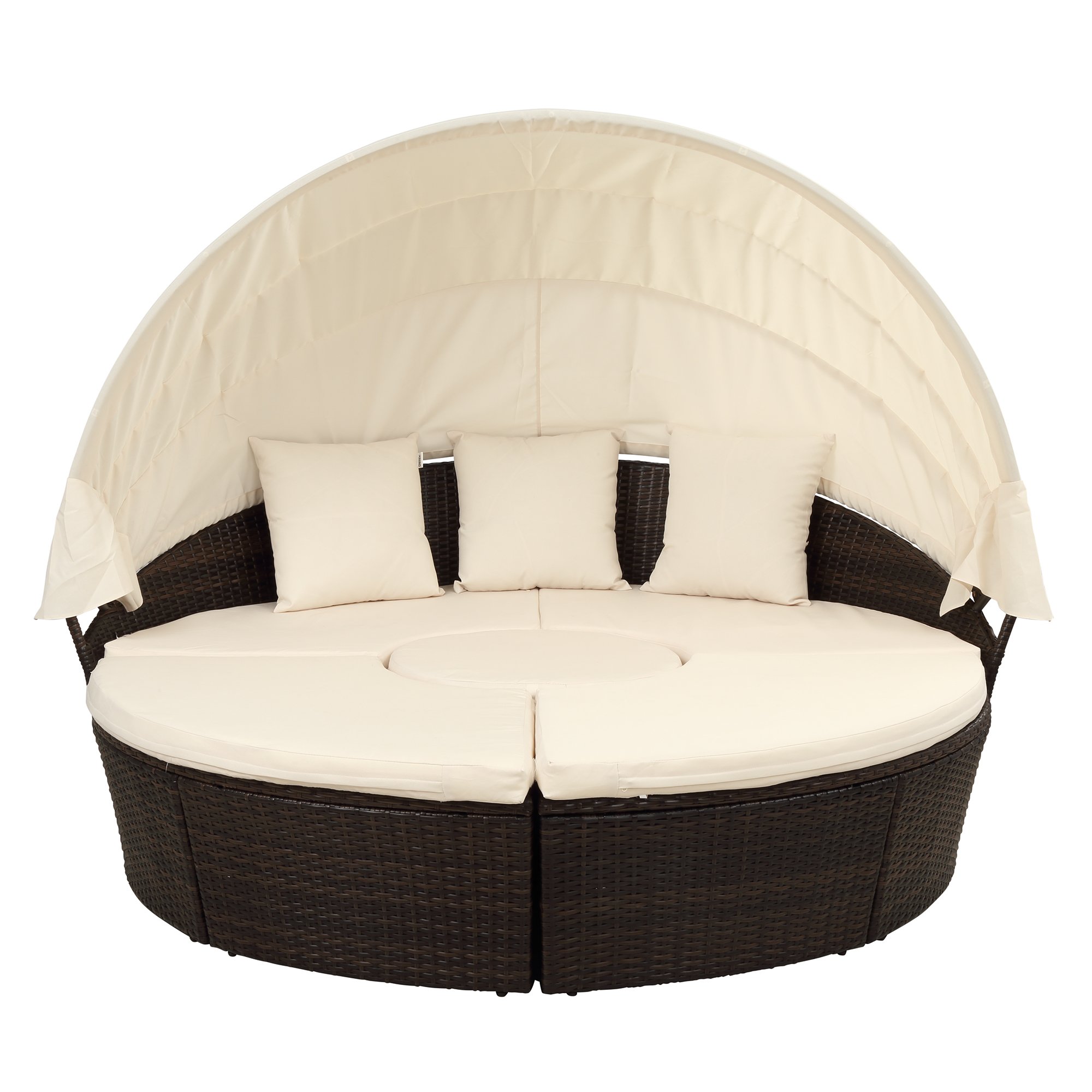 Patio Furniture Round Wicker Outdoor Daybed Sunbed with Retractable Canopy with Cushion-CASAINC
