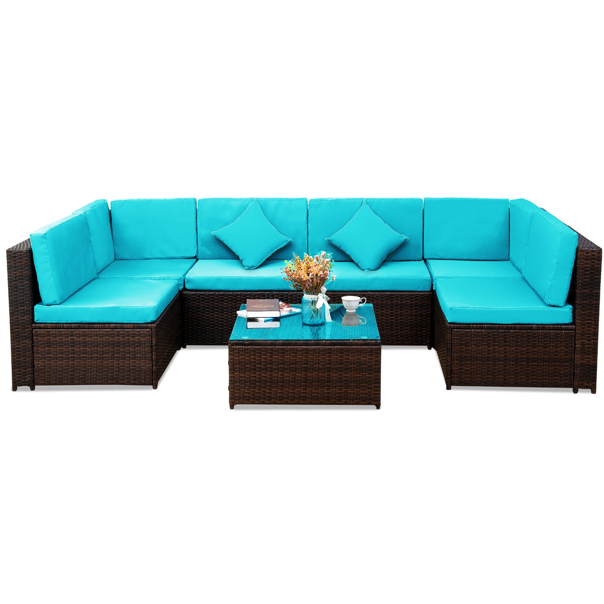 7-Piece Outdoor Patio Furniture Set PE Rattan Sectional Corner Sofa with 2 Pillows-CASAINC