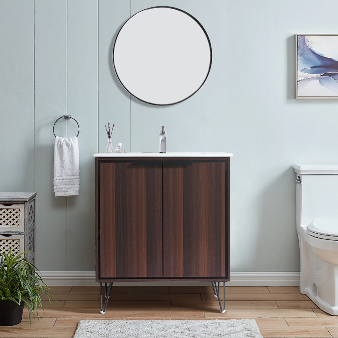 Casainc 24In Dark Oak Wood Grain Bathroom Vanity With White Ceramic