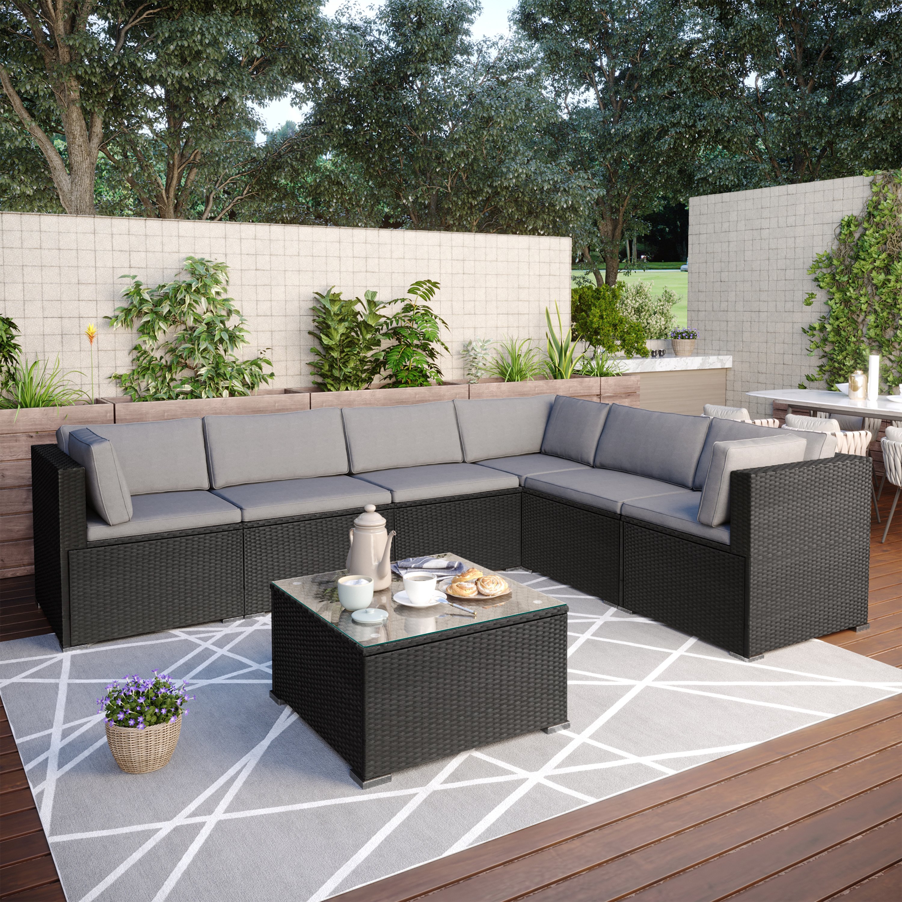 7-Piece Patio Furniture Set Outdoor Sectional Conversation Set with Soft Cushions (Black)-CASAINC