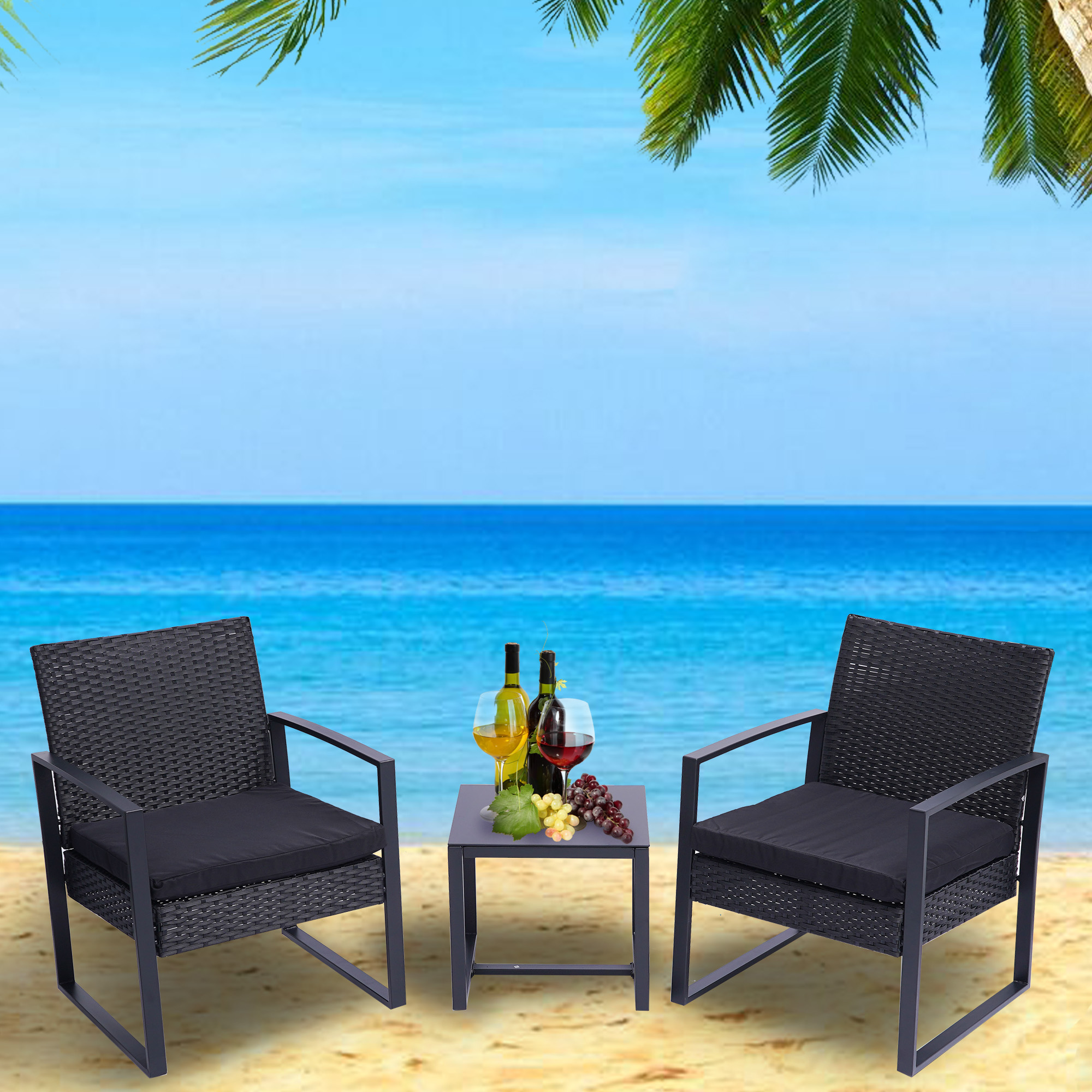 Casainc 3 Pieces Patio Set Outdoor Wicker Patio Furniture Sets Modern Set Rattan Chair Conversation Sets with Coffee Table for Yard and Bistro (Black)-CASAINC