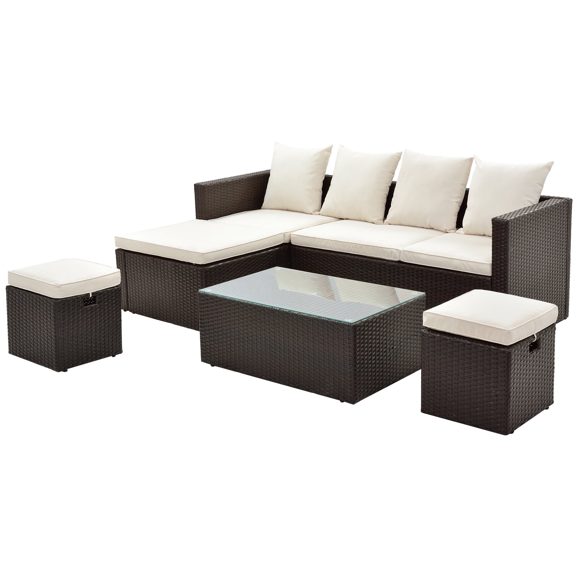 5-Piece PE Wicker Sofa Set Rattan Adjustable Chaise Lounge with Tea Table and Cushions-CASAINC