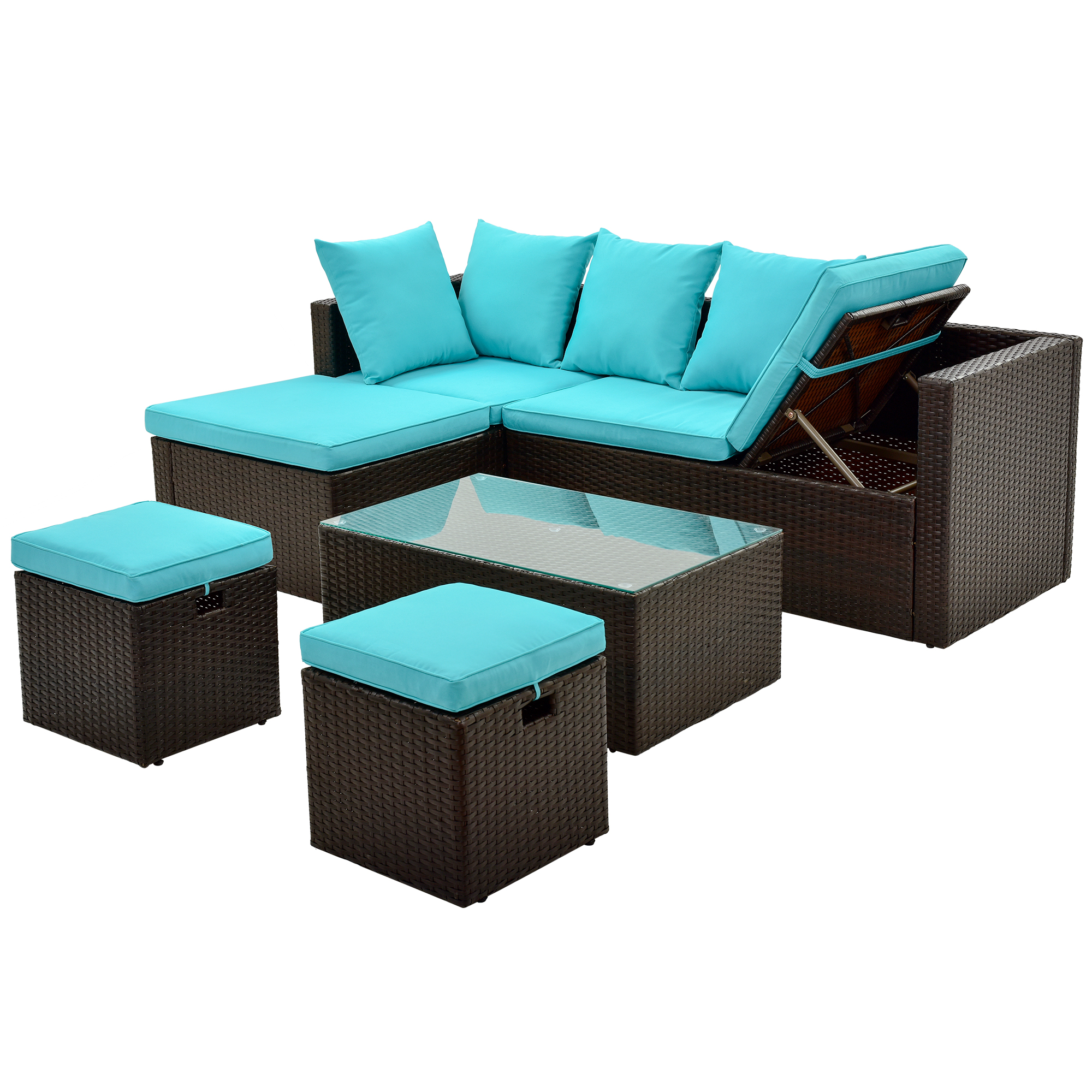 Casainc 5-Piece Brown Wicker Outdoor Sectional Set with Blue Cushions-CASAINC