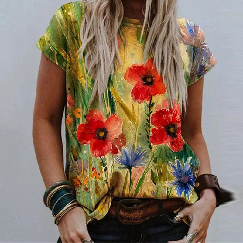 Women O Neck Vintage Pattern Print Blouse Shirt Elegant Summer Short Sleeve Pullovers Tops Casual Female Loose Streetwear Blusas