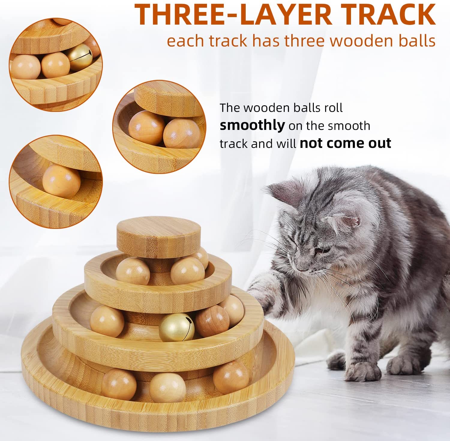 Ginkko Interactive Bamboo Cat Toy with Bells, Kitten Toys for Indoor Cats,-Three Layer Track Balls Turntable for Kitty Cat, Funny Roller Cat Tower Toys, Gifts for Your Cats