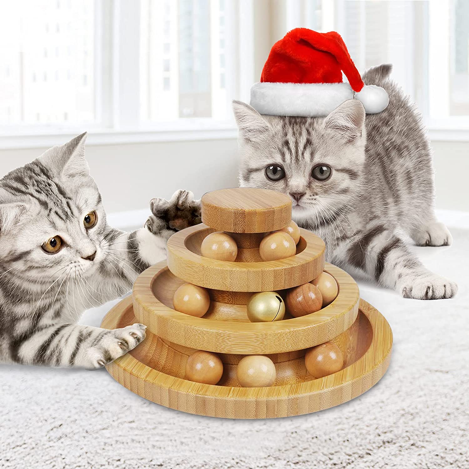 Ginkko Interactive Bamboo Cat Toy with Bells, Kitten Toys for Indoor Cats,-Three Layer Track Balls Turntable for Kitty Cat, Funny Roller Cat Tower Toys, Gifts for Your Cats