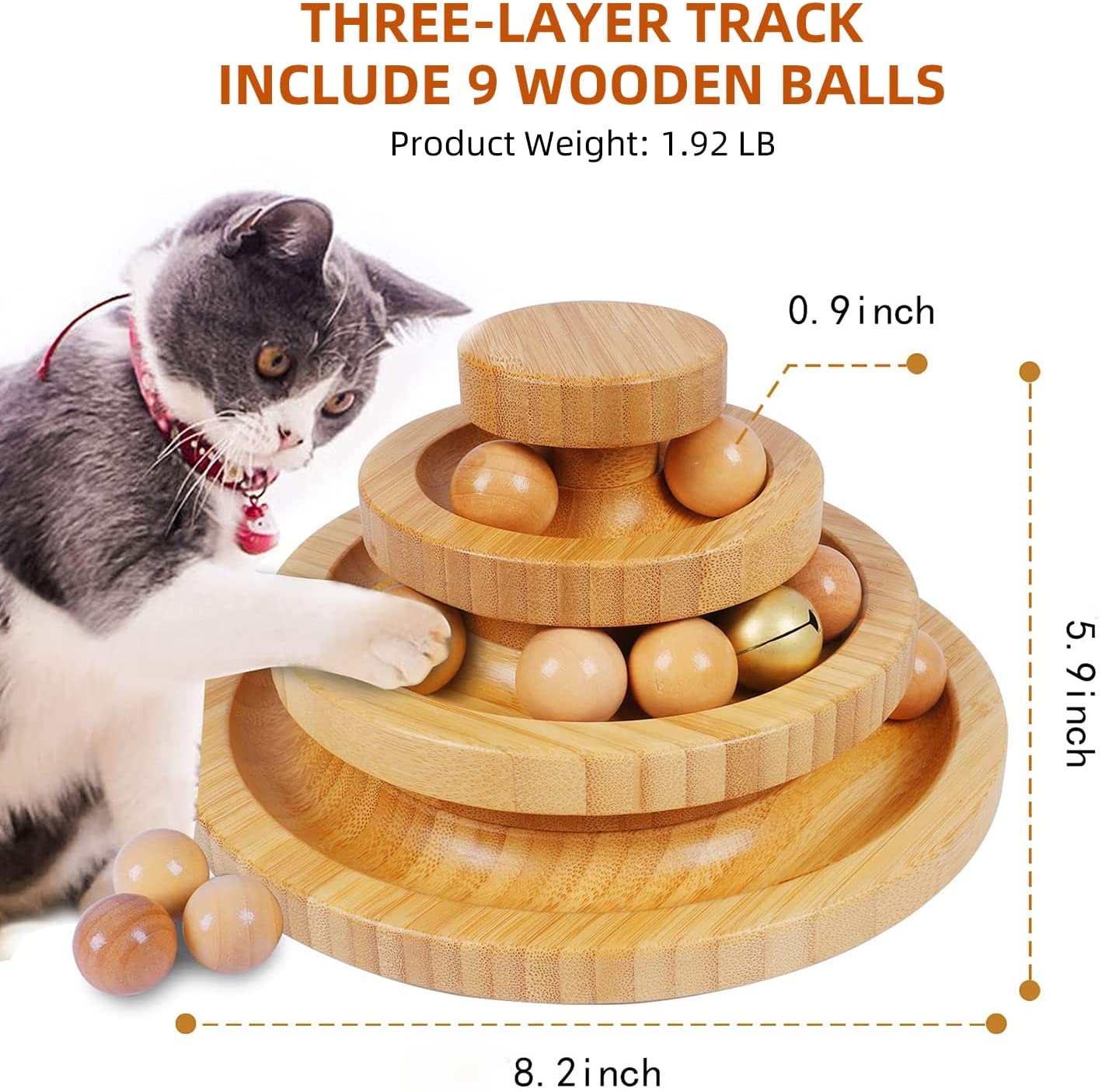 Ginkko Interactive Bamboo Cat Toy with Bells, Kitten Toys for Indoor Cats,-Three Layer Track Balls Turntable for Kitty Cat, Funny Roller Cat Tower Toys, Gifts for Your Cats