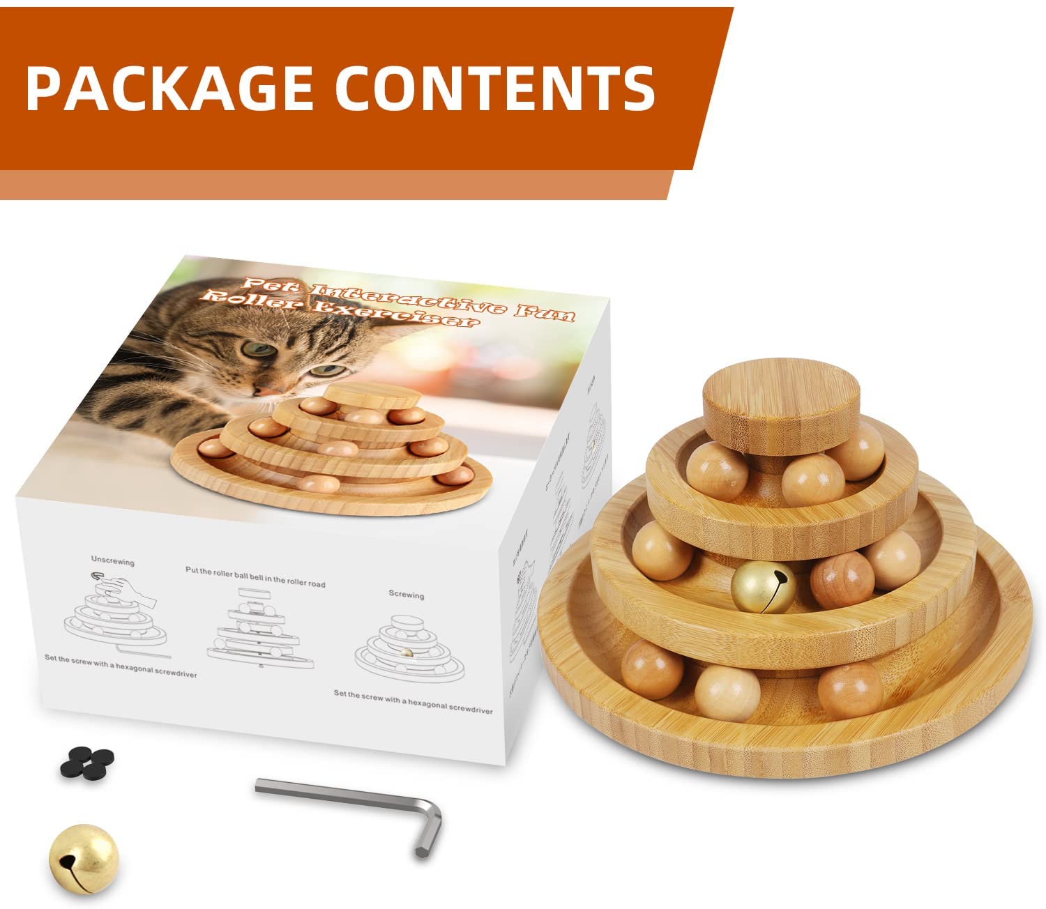 Ginkko Interactive Bamboo Cat Toy with Bells, Kitten Toys for Indoor Cats,-Three Layer Track Balls Turntable for Kitty Cat, Funny Roller Cat Tower Toys, Gifts for Your Cats