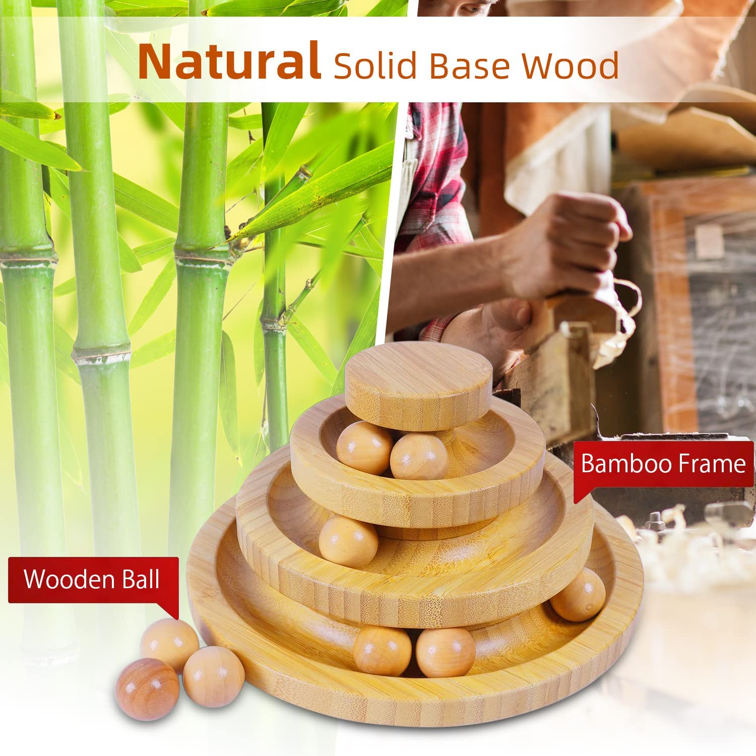 Ginkko Interactive Bamboo Cat Toy with Bells, Kitten Toys for Indoor Cats,-Three Layer Track Balls Turntable for Kitty Cat, Funny Roller Cat Tower Toys, Gifts for Your Cats