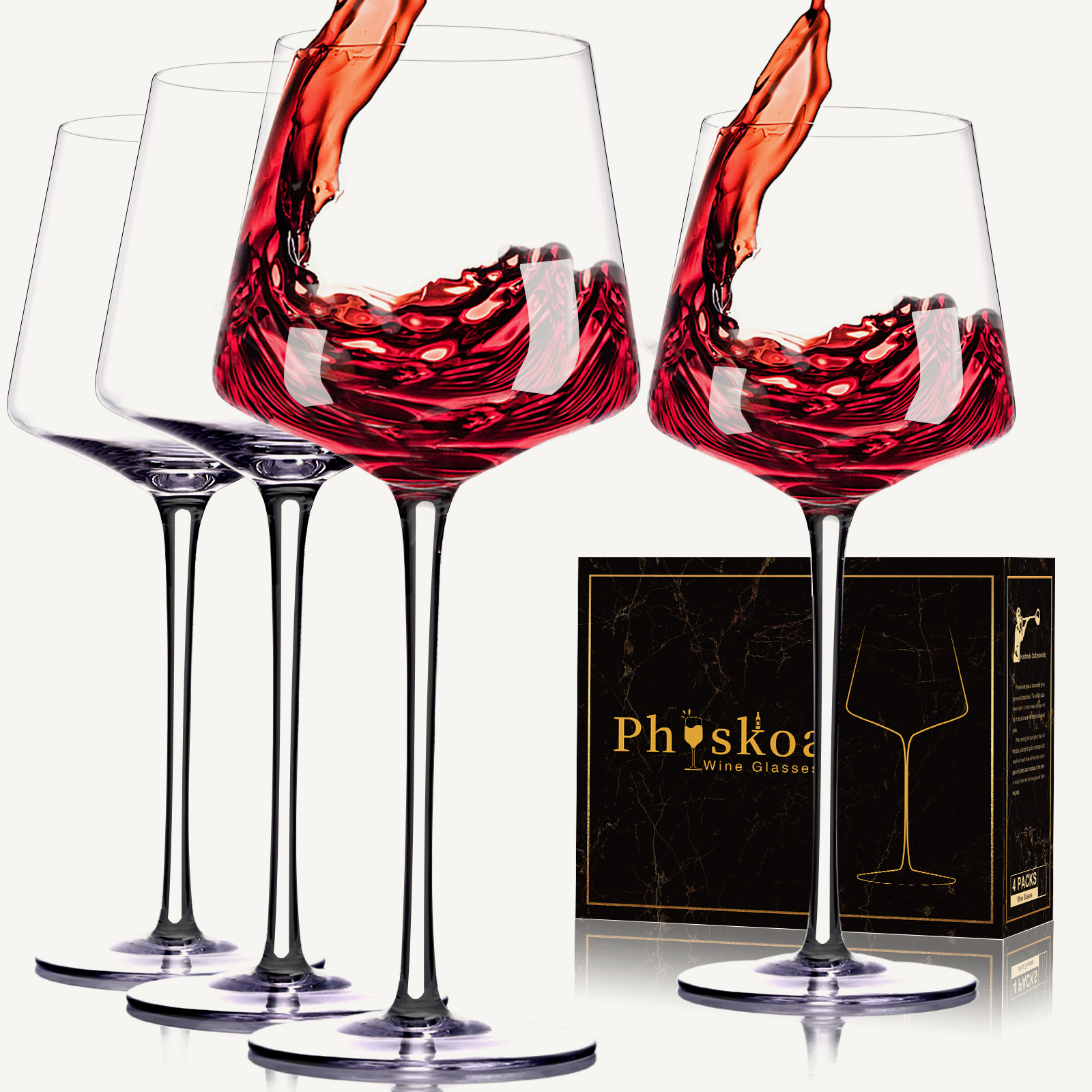 Physkoa Red/White Wine Glasses Set of 6 – 16oz Clear – Hand Blown Crystal Wine Glasses – Tall Long Stem Modern Wine Glasses – Unique Square Wine