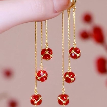 三生三世紅鑽球流蘇耳環-FANYIACC