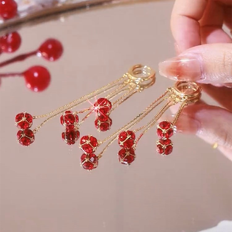 三生三世紅鑽球流蘇耳環-FANYIACC