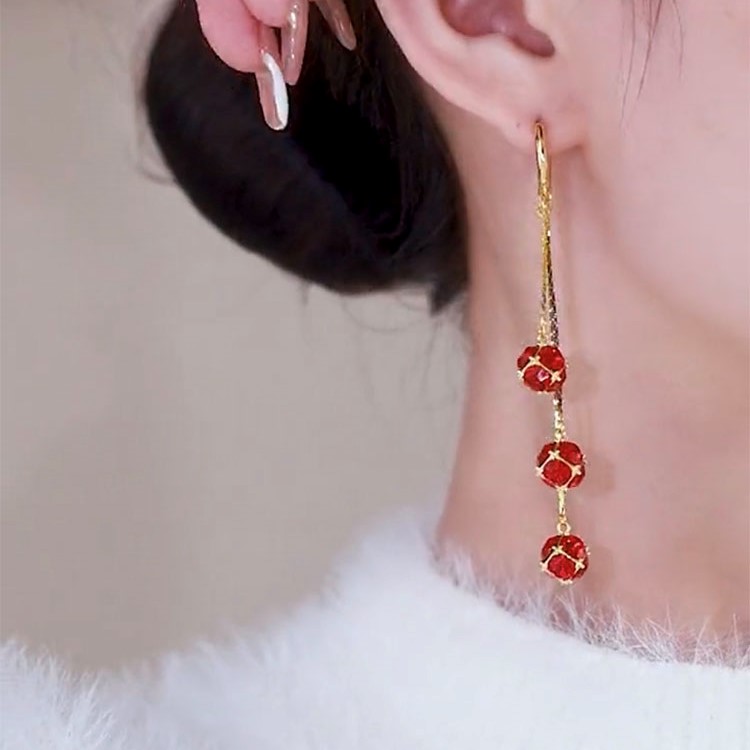 三生三世紅鑽球流蘇耳環-FANYIACC