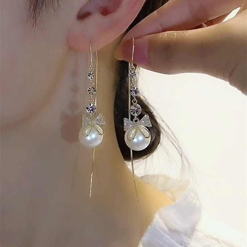 蝴蝶結珍珠流蘇耳環 -FANYIACC