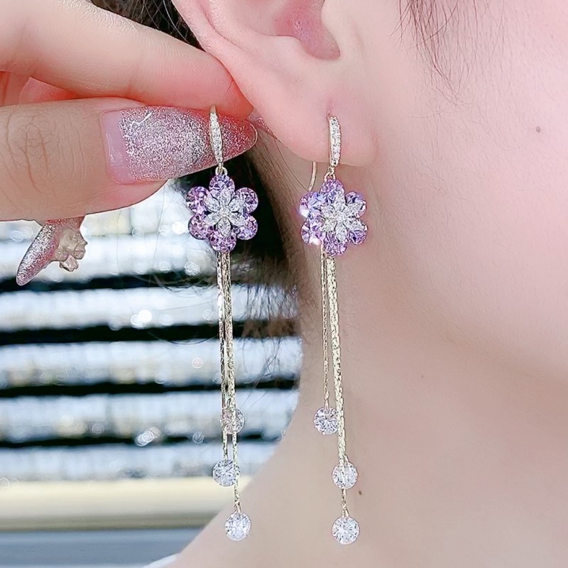 紫色&白色花朵閃鑽流蘇耳環