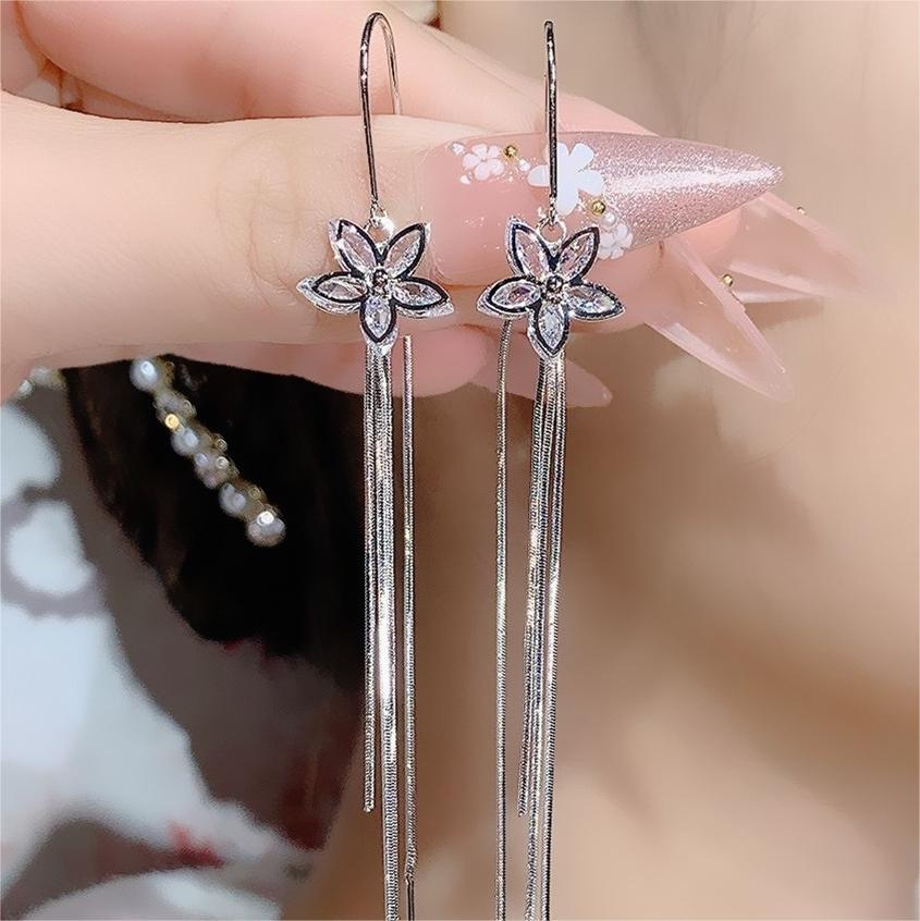 長款流蘇鋯石花朵耳環-FANYIACC