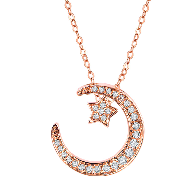 Romantic Star and Moon Pendant - Moissanite Diamond Necklace