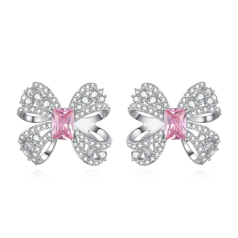 Fog Pink Zirconia Bow Earrings-Vigg Jewelry